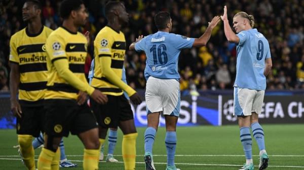 Erling Haaland celebrates scoring City's third goal on the night