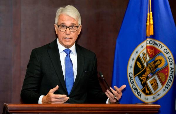 Los Angeles County District Attorney George Gascon speaks during a news co<em></em>nference Feb. 22, 2023, in Los Angeles. 