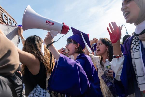 Anti-Israel protesters outside of Hunter College's graduation ceremony at Barclays Center in Brooklyn on June 4, 2024.