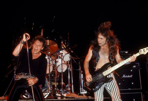 Paul Di'Anno, Clive Burr (on drums) and Steve Harris performing live o<em></em>nstage on Killer World Tour, 1981.