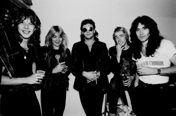 British heavy me<em></em>tal band Iron Maiden backstage at Pointe East during their Killer World Tour, Lynwood, Illinois, June 26, 1981. Pictured are, from left, Clive Burr, Dave Murray, Paul Di'Anno, Adrian Smith, and Steve Harris.