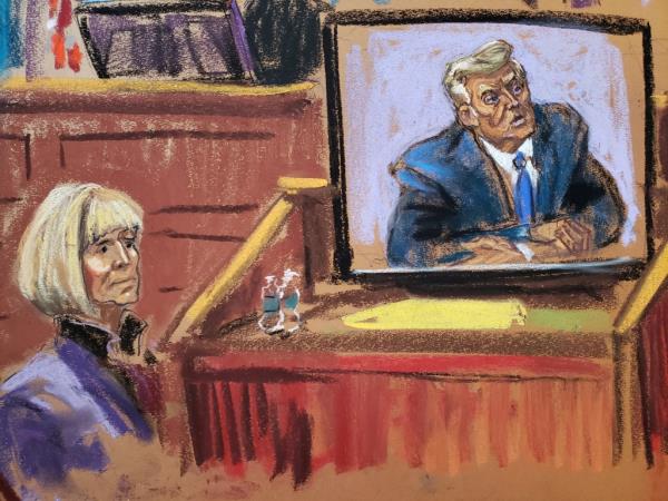 E. Jean Carroll watches Trump's video deposition play in court during the civil trial in New York on May 4, 2023,