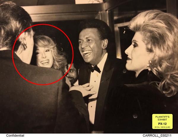 This image presented as evidence during Trump's deposition shows E. Jean Carroll (circled) and her then-husband John Johnson (center) meeting Trump in the 1980's. During his deposition, Trump mistook Carroll as Marla Maples.</p>

<p>　　