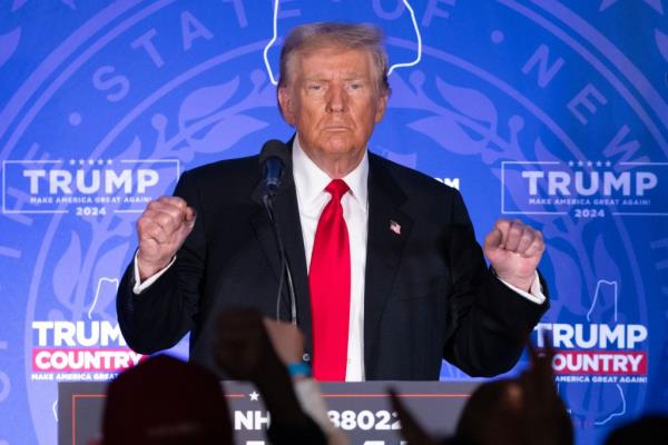 Former US President Do<em></em>nald J. Trump gestures while speaking during a campaign rally in Portsmouth, New Hampshire, USA, 17 January 2024.