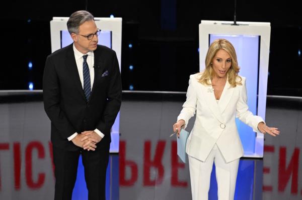 CNN anchors Jake Tapper and Dana Bash speaking on stage ahead of the fifth Republican presidential primary debate at Drake University.