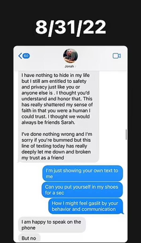 text screenshots allegedly between jo<em></em>nah hill and sarah baker