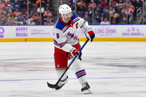 Jacob Trouba, a New York Rangers player, skating on ice during a game against the Edmo<em></em>nton Oilers