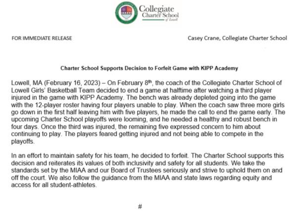 A statement from the Collegiate Charter School over it's decision to forfeit the game.