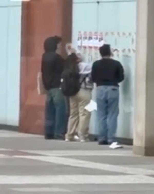 NYU students tear down the posters.