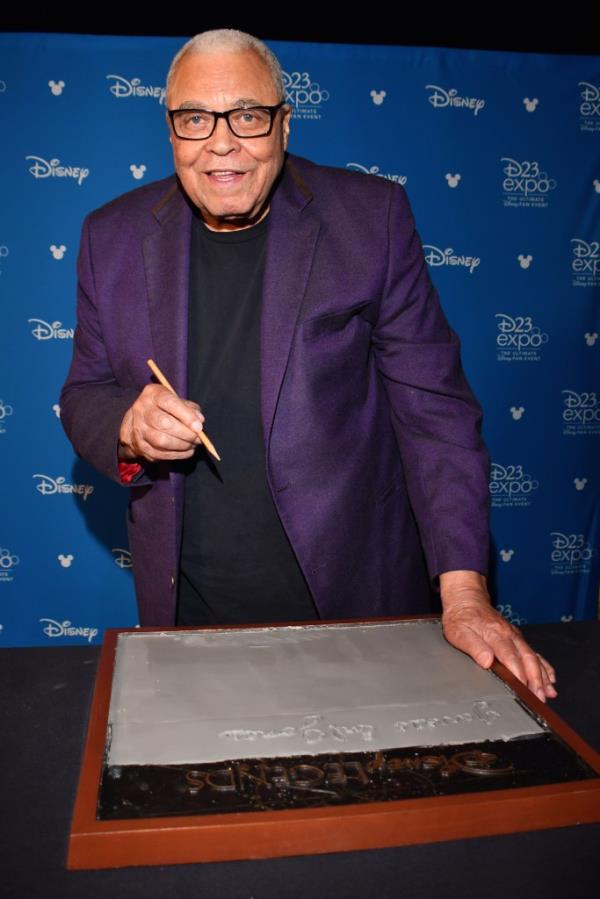 James Earl Jo<em></em>nes is shown casting his hand in cement for Disney during a special event in Pawling, New York on July 10, 2019. 