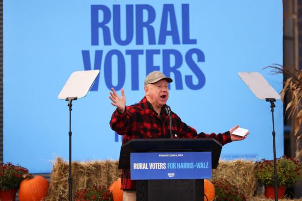 Democratic Vice Presidential nominee Tim Walz speaks during a campaign rally at Telesz Farms on October 15, 2024 in Volant, Pennsylvania.