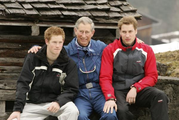 Prince Charles, Prince William, and Prince Harry posing together during a skiing holiday in Klosters, Switzerland, in 2005