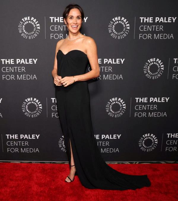 Meghan, Duchess of Sussex, wearing a black strapless Oscar de la Renta gown and Celine heels at the Paley Ho<em></em>nors Gala in Beverly Hills, California, December 4, 2024.