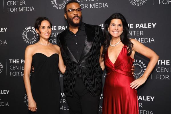 Meghan Duchess of Sussex, Tyler Perry and Maureen Reidy posing together at the Paley Ho<em></em>nors Gala in Beverly Hills, California, December 4, 2024