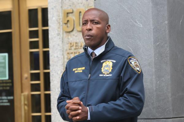 NYPD Chief of Staff Tarik Sheppard had to be pulled away from Interim Police Commissio<em></em>ner Tom Donlon