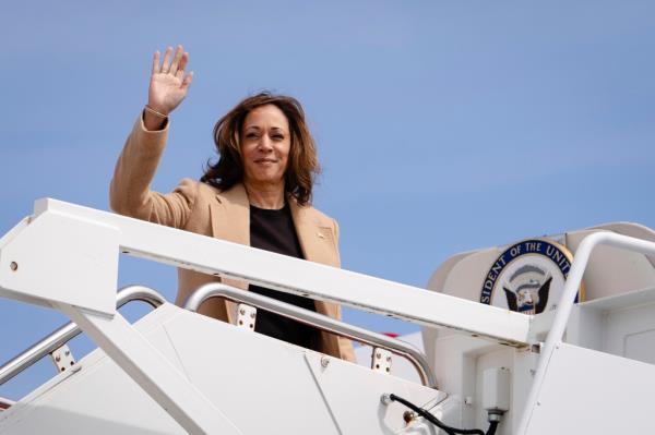 Vice President Kamala Harris, the Democratic presidential nominee for 2024, waving as she boards Air Force Two at Joint ba<em></em>se Andrews.