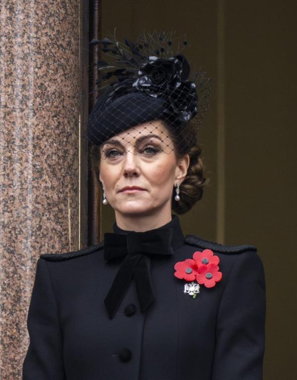 Catherine, Princess of Wales, wearing a black hat and jacket, attending the Service of Remembrance at The Cenotaph in London.