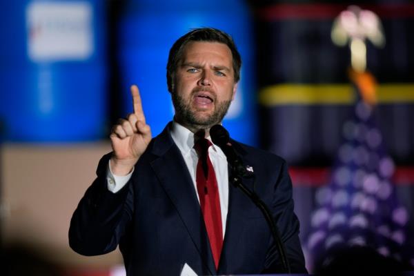 Republican vice presidential nominee Sen. JD Vance, R-Ohio, speaks at a campaign rally, Monday, Aug. 19, 2024, in Philadelphia.