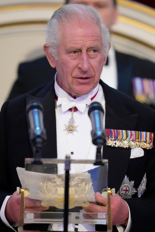 King Charles III addresses assembled guests at a reception and dinner in ho<em></em>nor of the Coro<em></em>nation at Mansion House.