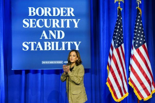 U.S. Vice President Kamala Harris attending a public event in Douglas, Arizona on September 27, 2024, standing in front of a flag