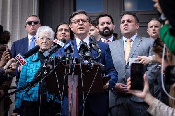 Speaker of the House Mike Johnson (R-LA) speaks to the media on the Lower Library steps on Columbia University's campus in New York on Wednesday April 24, 2024.