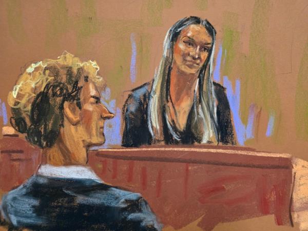 A courtroom sketch of Jackie Penny tesitfying while Daniel Penny looks on.