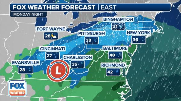 A map of the united states with the Fox weather forecast - Potential nor'easter threatens snow in Northeast next week in wake of spring-like warmth.