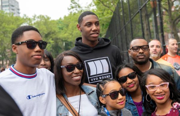 NBA Draft prospect RJ Barrett takes a picture with his family at the B/R Football X Steve Nash Foundation Showdown