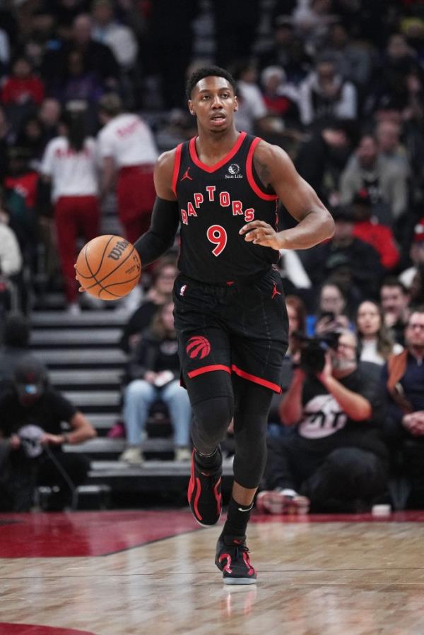 RJ Barrett with the Toro<em></em>nto Raptors in January 2024.