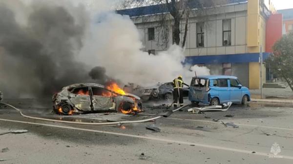 Cars burning in Belgorod, Russia