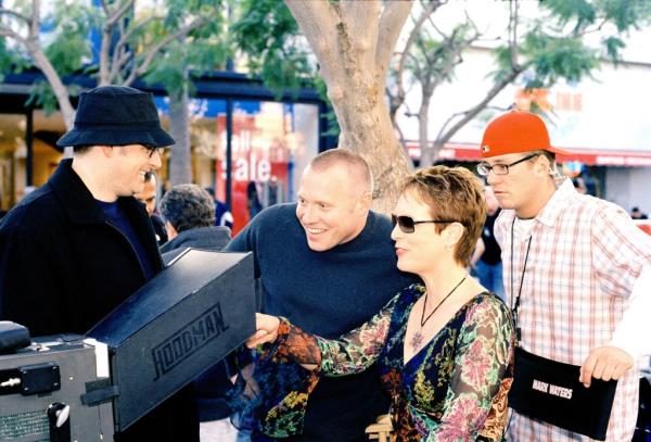 Director Mark Walters, producer Andrew Gunn, Jamie Lee Curtis  on set watching a monitor. 