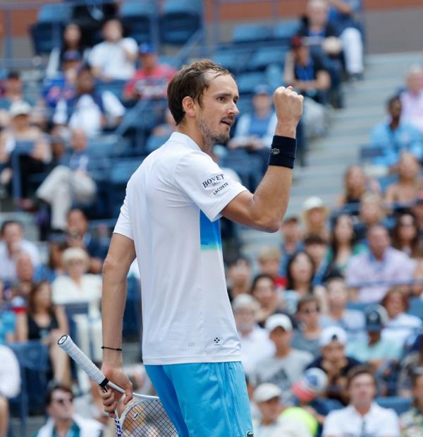 Daniil Medvedev [5] reacts after he defeats Nuno Borges (POR) in straight sets (6-0, 6-1, 6-3) at the US Open on Sept. 2.