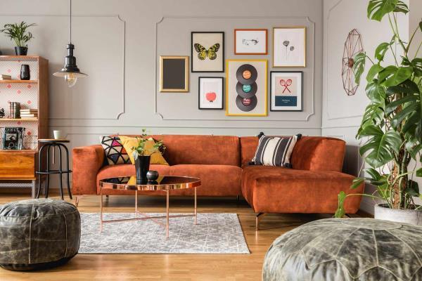 orange sofa in a living room