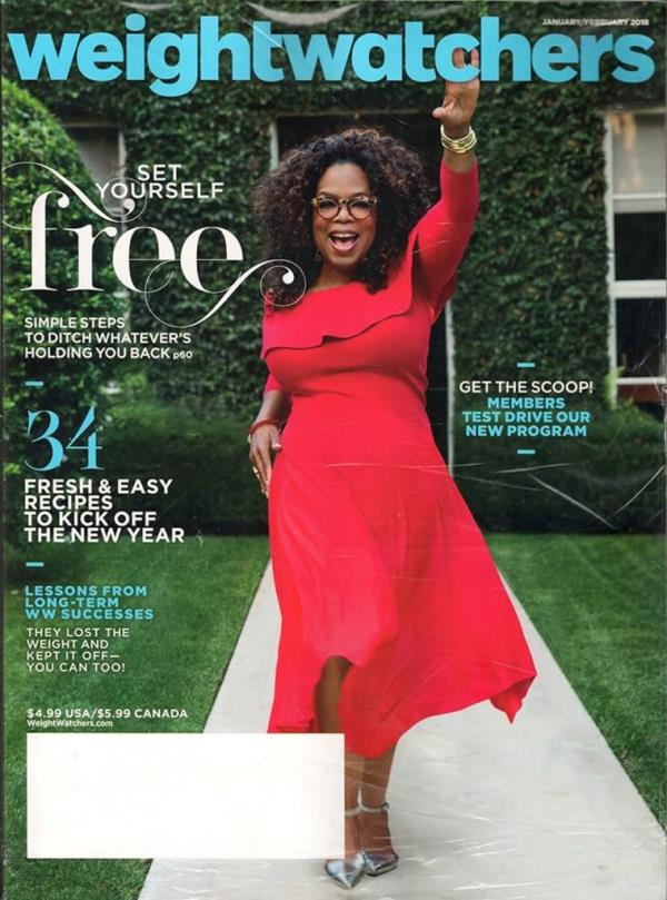 Oprah Winfrey on magazine cover wearing a red dress, talking a<em></em>bout why she left the WeightWatchers board after 10 years.