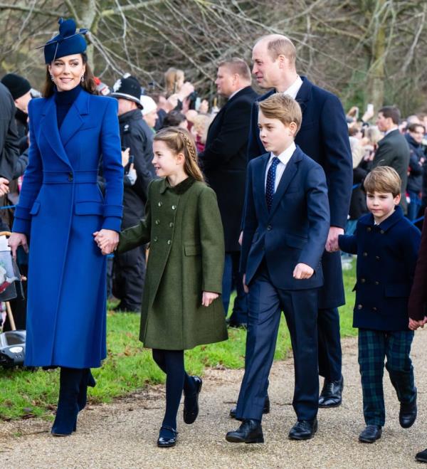 The British Royal Family including Catherine, Princess of Wales, with her children Princess Charlotte, Prince George, and Prince Louis, and Prince William attending the Christmas Morning Service at Sandringham Church.