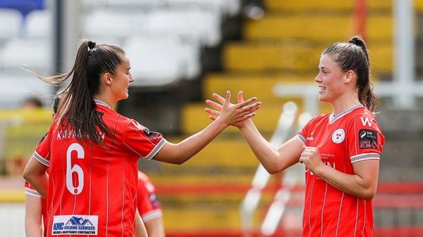 Christie Gray (R) of Shelbourne celebrates her goal with Alex Kavanagh