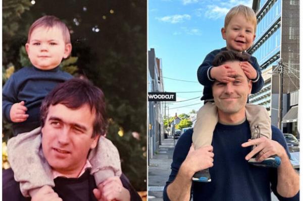 Alan Kohler with a young Chris (left) and Chris with his son Johnny.