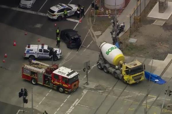 An aerial image of the scene at the intersection when Angus Collins was killed when hit by a cement mixer.