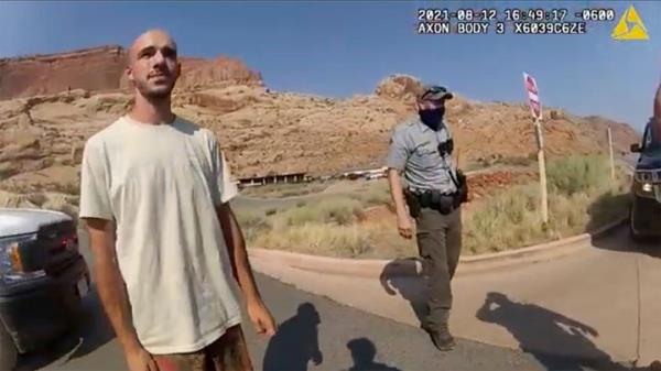 Brian Laundrie speaks with police in Utah on Aug. 12, 2021. The families of Petito and Laundrie last year reached a $3 million settlement in a wro<em></em>ngful death lawsuit.