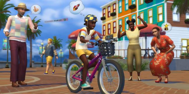 The Sims 4 Growing Together - Child Sim learning to ride bicycle with cheering family members looking on