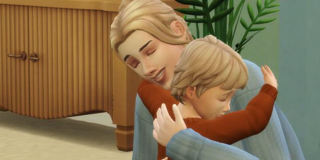 An older Sim and a toddler Sim embrace.