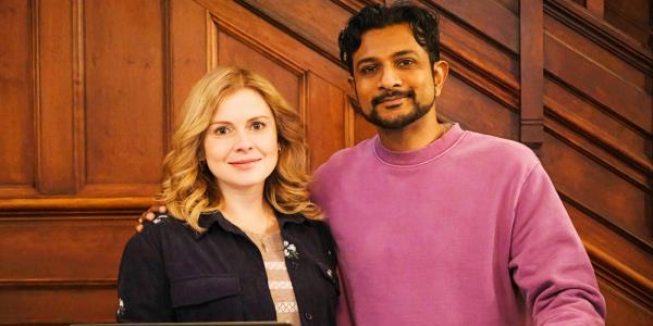 Rose McIver as Samantha and Utkarsh Ambudkar as Jay in Ghosts