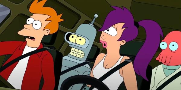 Fry, Bender, Leela, Zoidberg in a car looking panicked in Futurama