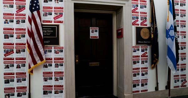 The office door of U.S. Rep. George Santos (R-NY) on Capitol Hill in Washington