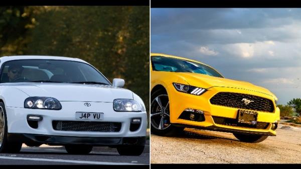 A Toyota Supra and a Ford Mustang side-by-side