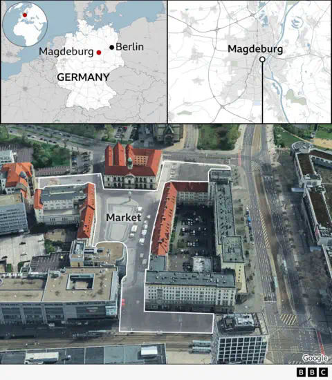 Three maps show the location of Magdeburg, east of Germany, wher<em></em>e the markets are in the city centre and a highlight of a street-view showing the lane wher<em></em>e the markets were set up.