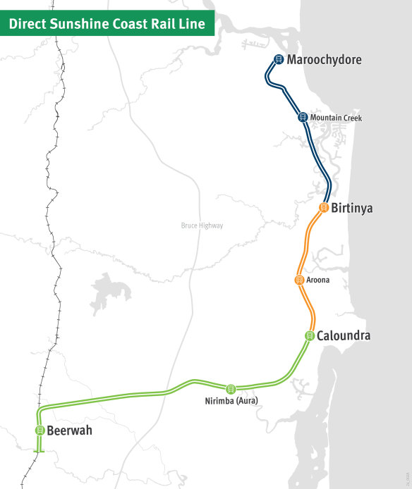 The state government’s new staged approach to the Sunshine Coast rail l<em></em>ink, with stage one in green.